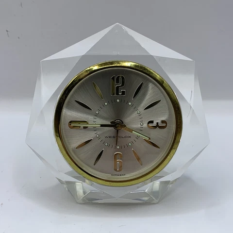 Vintage Lucite Westclox Alarm Clock Wind Up Hexagon Glow In Dark Germany Works Cover