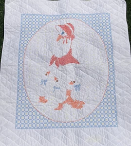 Baby Nursery Quilt Wall Hanging Vintage Hand Embroidered Crewel 41” x 31” Goose - Picture 1 of 9