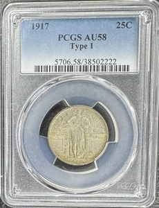 1917 Type 1 Standing Liberty Quarter 25c PCGS AU58 ⭐️RAYS OF ORIGINAL LUSTER⭐️ - Picture 1 of 2