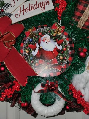 Christmas Wreath Deco Mesh SANTA CLAUS red and black 24 Inches Handmade - Image 1 of 4
