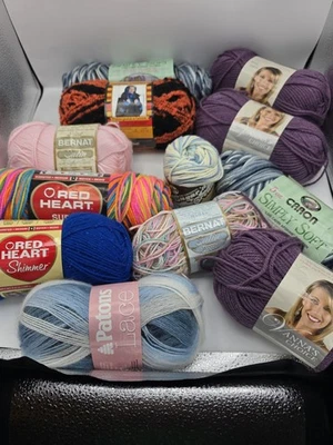 Lot of 12 Mixed Skeins Yarn – Red Heart, Bernat, Caron, Patons, Lion Brand - Image 1 of 4