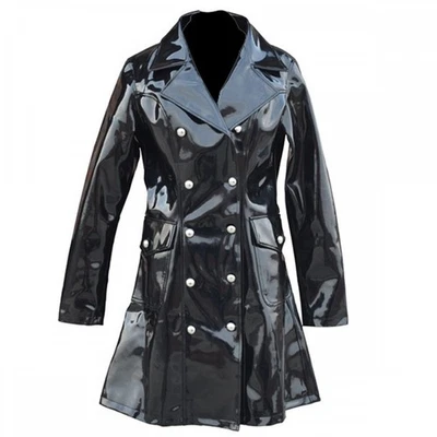 Puritues Women’s Gothic Black PVC Vinyl Trench Coat Breasted Shiny Rain Jacket - Image 1 of 3