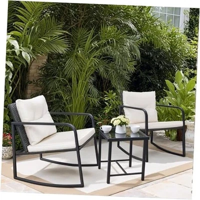  Juego de bistró mecedora de mimbre de 3 piezas, muebles de patio exterior conversación beige Foto 1 de 4