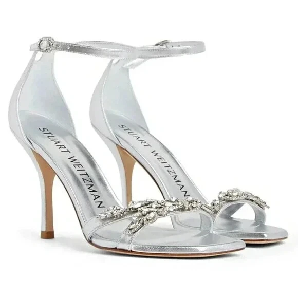 Sandalia Stuart Weitzman Nudist Vow 100 punta cuadrada cristal tacón alto $650 talla 9,10 Foto 1 de 4