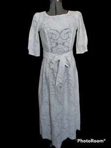 Vtg 80s Paper White Size 8 Cut Work Hand Embroidered Lacy Maxi Dress Prairie - Picture 1 of 24