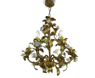 Regency Chandelier 6 arm Lights Ornate Brass Leafs  Porcelain Flowers Italian - Image 1 of 4