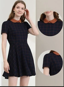 Allegra K Peter pan collar short sleeve Plaid dress Blue & Orange Size XS - Picture 1 of 5