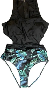 SHESHOW Womens size XXL Black Hawaiian Print Cutout 1 Piece Bathing Suit NWT - Picture 1 of 12