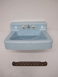 Vtg NOS 1960s Borg Warner Blue Cast Iron Bathroom Lavatory Sink Shelf Back MCM