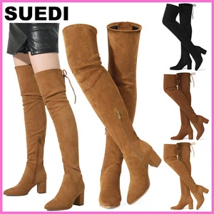 SUEDI Women Over The Knee Boots Chunky Heel Zip Tall Boots Party Thigh High Boot - Picture 1 of 48