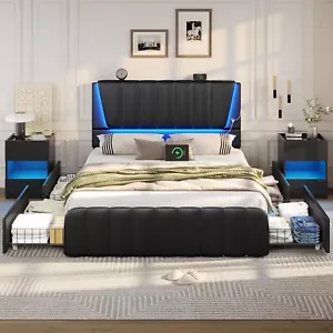 Queen Size Bed Frame with 4 Storage Drawers LED Upholstered Platform Bed Black - Picture 1 of 7