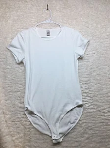 Just Be... ibbed Body Suit Cloud Dancer Ladies L Short Sleeve Snap Closure New - Picture 1 of 11