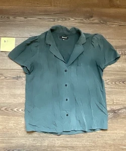 Camisa de campamento Madewell de seda manga corta abullonada con cuello abotonado verde talla Xs - Imagen 1 de 4