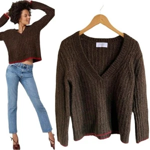 LA LIGNE Brown Sweater Fuzzy Wuzzy Pullover V-Neck Alpaca Cotton Wool Red Trim S - Picture 1 of 12