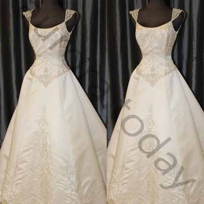 Elegant Satin Wedding Dresses Cap Sleeves Embroidery Full Length Bridal Gowns - Image 1 of 4