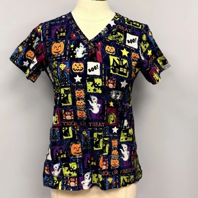 Med Couture Halloween Scrub Top S Navy w/ Glitter Ghost Cats Bats Cotton Scrubs - Image 1 of 4