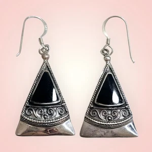 Vintage Sterling Silver 925 Black Onyx Triangle Dangle Earrings - Picture 1 of 8