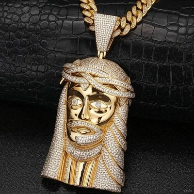 Huge Jesus Piece HEAD Charm PENDANT. 16mm Gold Plated Cuban Link Chain 36inch - Image 1 of 4