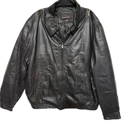 Michael Kors 100% Leather Mens Black Jacket Size XXL Quilted Lined Bomber Coat - Image 1 of 4