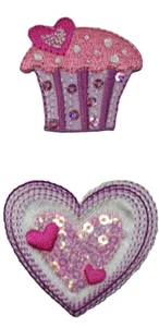 Cupcake and Heart Embroidered Iron on Patch, Simplicity Sequin Appliques, Bin 27 - Picture 1 of 6