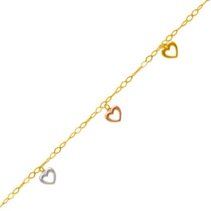 14K Tricolor Gold Heart Charm Anklet Bracelet High Polished 10" Chain for Women - Picture 1 of 2