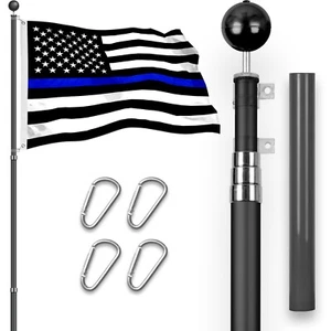 Combo: 16Ft Telescoping Flagpole Black & Thin Blue Line Flag 3x5Ft Emb SpunPoly - Picture 1 of 9