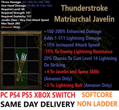 ✅PC PS4 PS5 XBOX SWITCH✅Java Thunderstroke 4sk/15 DIABLO 2 RESURRECTED D2R ITEMS - Image 1 of 2
