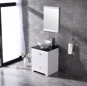 24 inch Bathroom Vanity Single Cabinet Ceramic Vessel Sink Faucet Combo w/Mirror - Picture 1 of 6