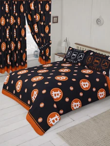 BITCOIN 66 X 72 LÁPIZ PLIEGUE LISTO CORTINAS NEGRO NARANJA POLIALGODÓN - Imagen 1 de 1