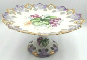 Vintage Lefton China Lattice Pedestal Grapes Tid Bit Tray Candy Dish Gold Trim - Picture 1 of 5