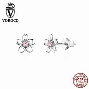 Voroco Plata Esterlina 925 Simple Flor Orejas Tachuelas Fiesta Pendientes Mujeres Regalo - Imagen 1 de 12