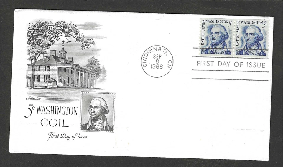 #1304 5c WASHINGTON coil ISSUE FDC-CINCINNATI,OH SEP 8-1966 ARTMASTER CACHET - Image 1 of 1