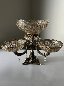 Vintage 15”Tall Crystal Prisms Brass Base Ornate Compote Centerpiece 3 Arms RARE - Picture 1 of 22