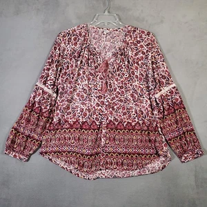 Lucky Brand Top Womens XL Red Floral Peasant Long Sleeve Boho Cottagecore Hippie - Picture 1 of 8