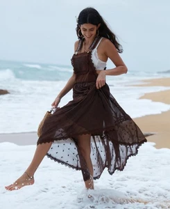 XXL ) besticktes Bohemian Kleid verstellbare Träger Latz Maxi fließend Kleid Taschen - Bild 1 von 5