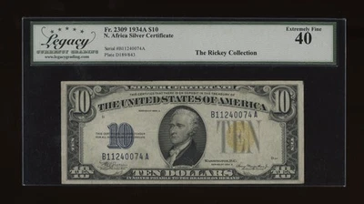 DBR 1934-A $10 North Africa Silver Fr. 2309 Legacy XF-40 Serial B11240074A - Image 1 of 2