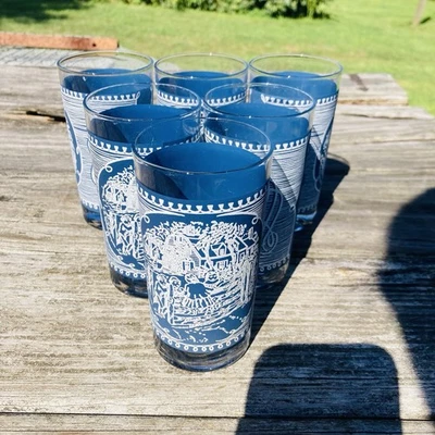 Vintage Royal China Currier & Ives * 6 GLASSES TUMBLERS * Blue & White 8oz VGC - Image 1 of 4