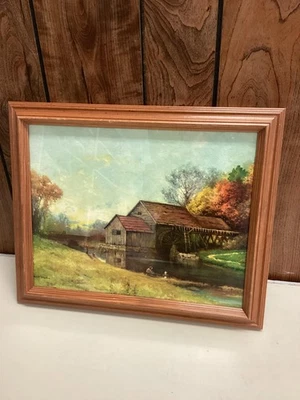 Vintage Robert Wood Covered Bridge Landscape Art Print Signed Framed 20x16 - Image 1 of 4