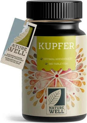 NATUREWELL Kupfer Tabletten 365x mit 2 mg Kupfer aus hochwertigem Kupfer-Bisglycinat, vegan