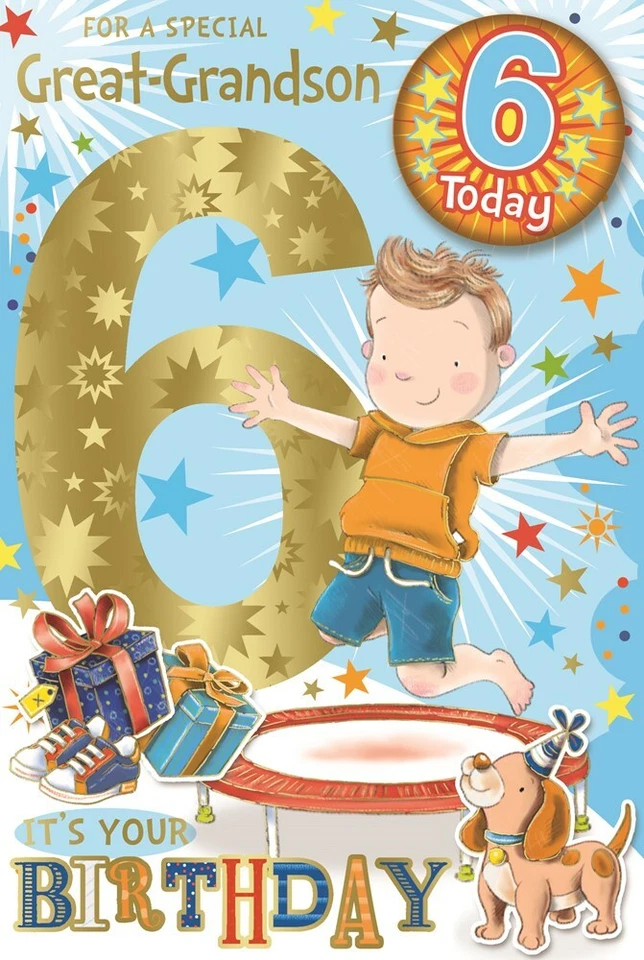 "Tarjeta e insignia de sexto cumpleaños bisnieto - niño en trampolín con lámina de oro 9x6" Foto 1 de 1