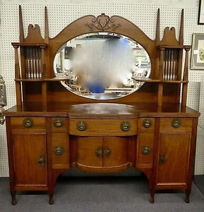 Vintage Carved Mahogany Sideboard. Oval Mirror, 6 Shelves, 7 Drawers, 3 Cabinets - Picture 1 of 10