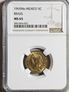 Mexico 5 Centavos 1965Mo Brass NGC MS 65 - Picture 1 of 2