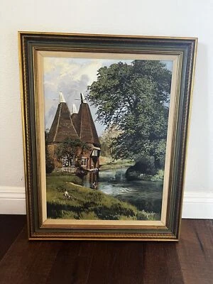 CLIVE KIDDER 原装油画帆布绘画池塘男孩钓鱼风车农舍 — 第 1/4 张图片