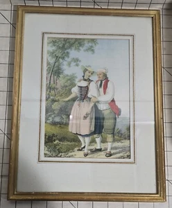 Vintage Druck eines Paares in Trachtenkleidung. Traditioneller europäischer Stil - Bild 1 von 4