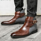 British Mens Pointy Toe Leather High Top Boots Buckle Dress Formal Ankle Boots 