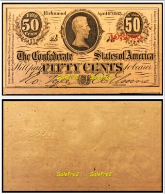 USA 1863 APRIL CONFEDERATE 50 FIFTY CENTS AMERICA RARE SERIE 103900 BANKNOTE UNC - Image 1 of 4