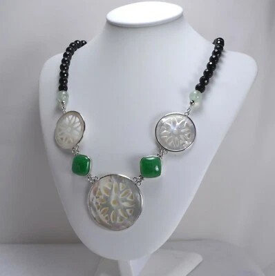 COLLANA IN ARGENTO 925 CON ONICE MADREPERLA INCISA E GIADA VERDE AGLN 031 - Immagine 1 di 3