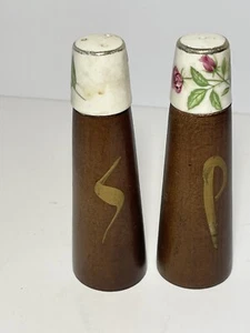 Vintage Salt & Pepper Shaker set Wood Set with Ceramic Floral tops - Picture 1 of 3