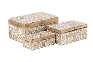 Brown Mango Wood Floral Box with Hinged Lid Wooden Treasure Chest Keepsake Set/3 - Picture 1 of 3