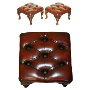 PAIR OF VINTAGE CHESTERFIELD TUFTED WINGBACK ARMCHAIR OXBLOOD LEATHER FOOTSTOOLS - Picture 1 of 15